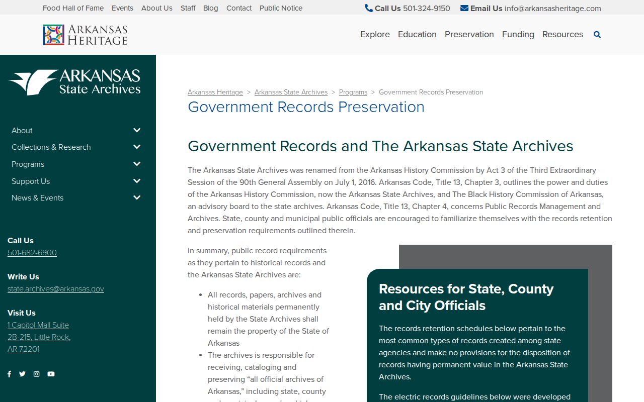 Arkansas State Archives government records preservation page about county record retention