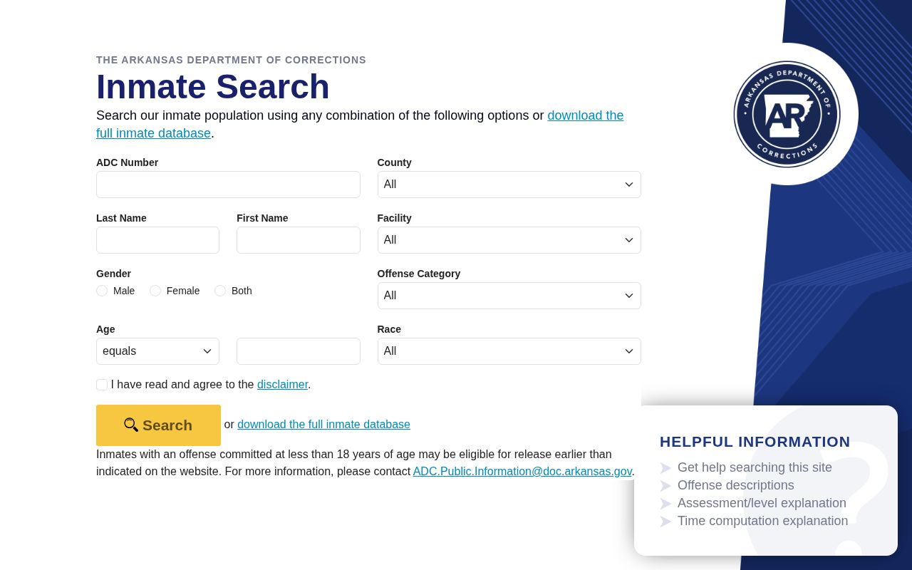 Arkansas ADC offender photo search fields for state-prison records