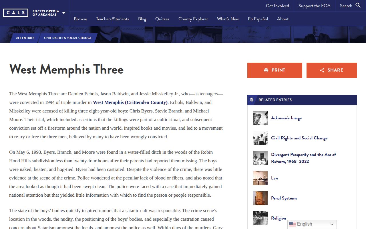 Arkansas West Memphis Three case history page, a historical arrest and court record source