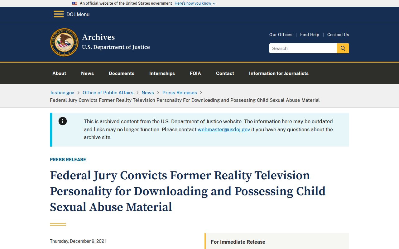 Arkansas federal case DOJ release page for the Josh Duggar conviction record