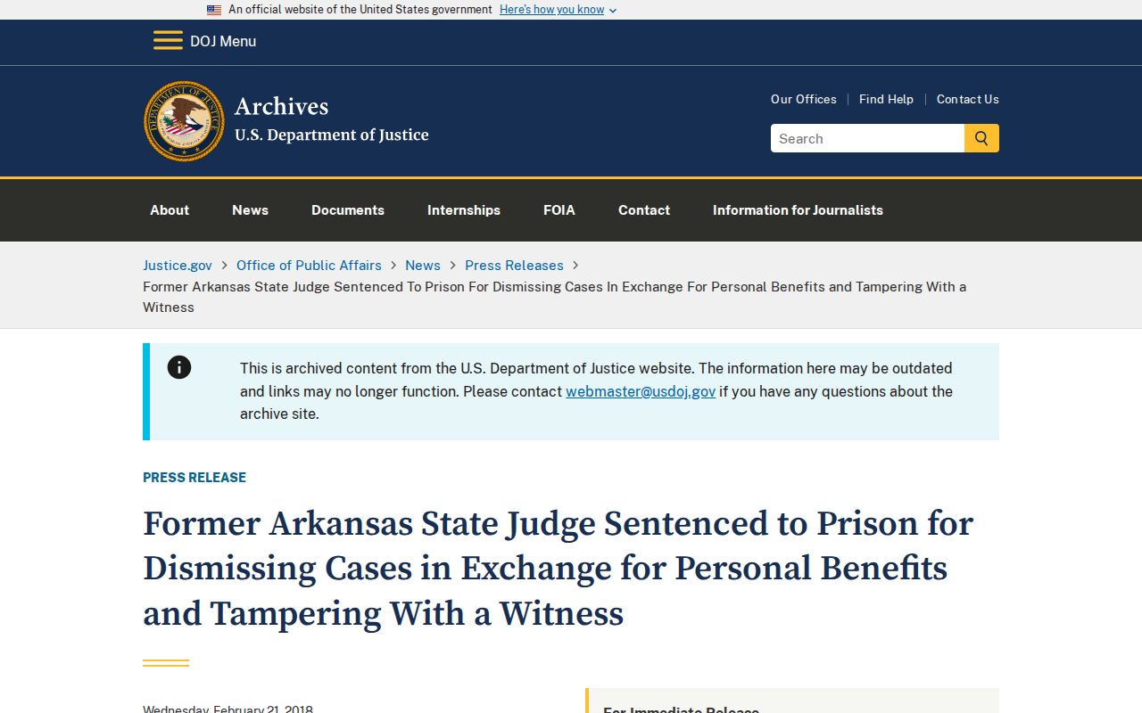 Arkansas DOJ archive page on former judge O. Joseph Boeckmann's sentencing record