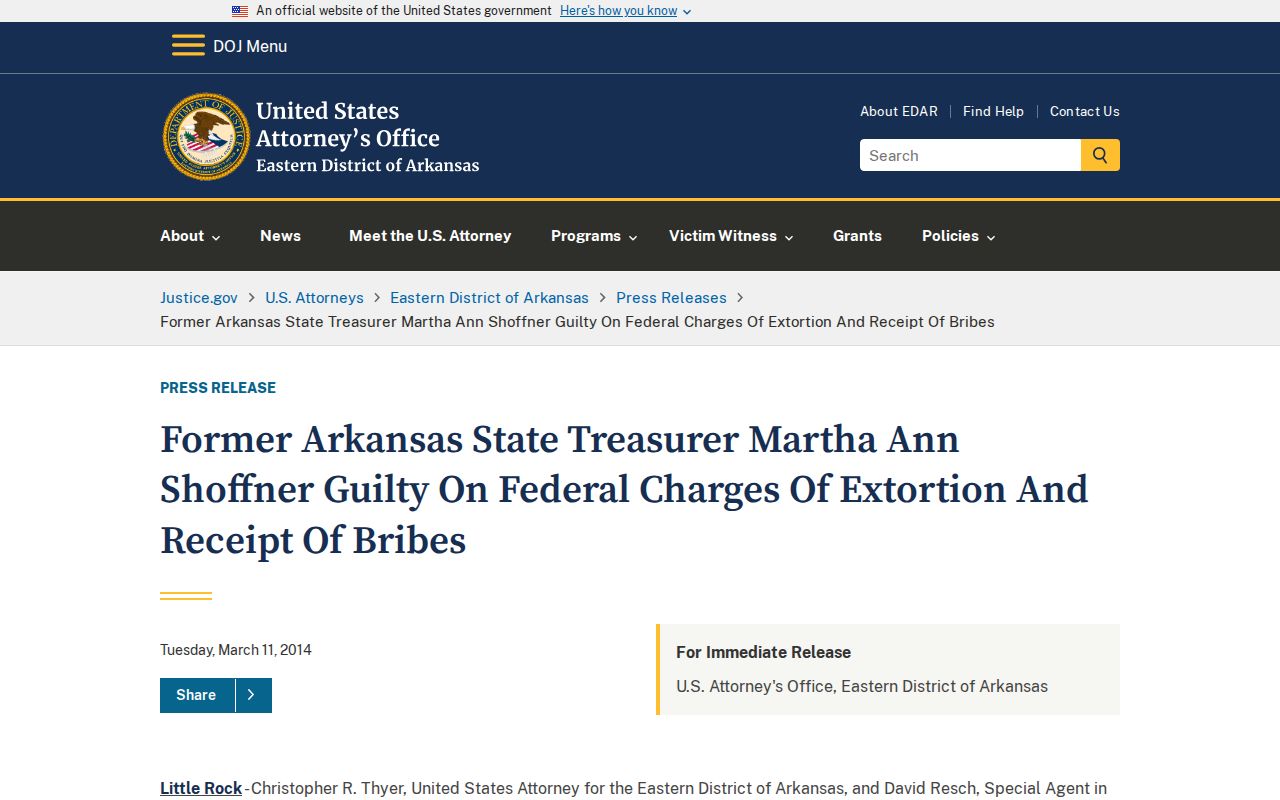 Arkansas DOJ source page for former treasurer Martha Shoffner's federal case