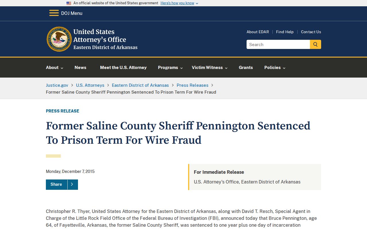 Arkansas DOJ release page for the former Saline County sheriff's federal sentence