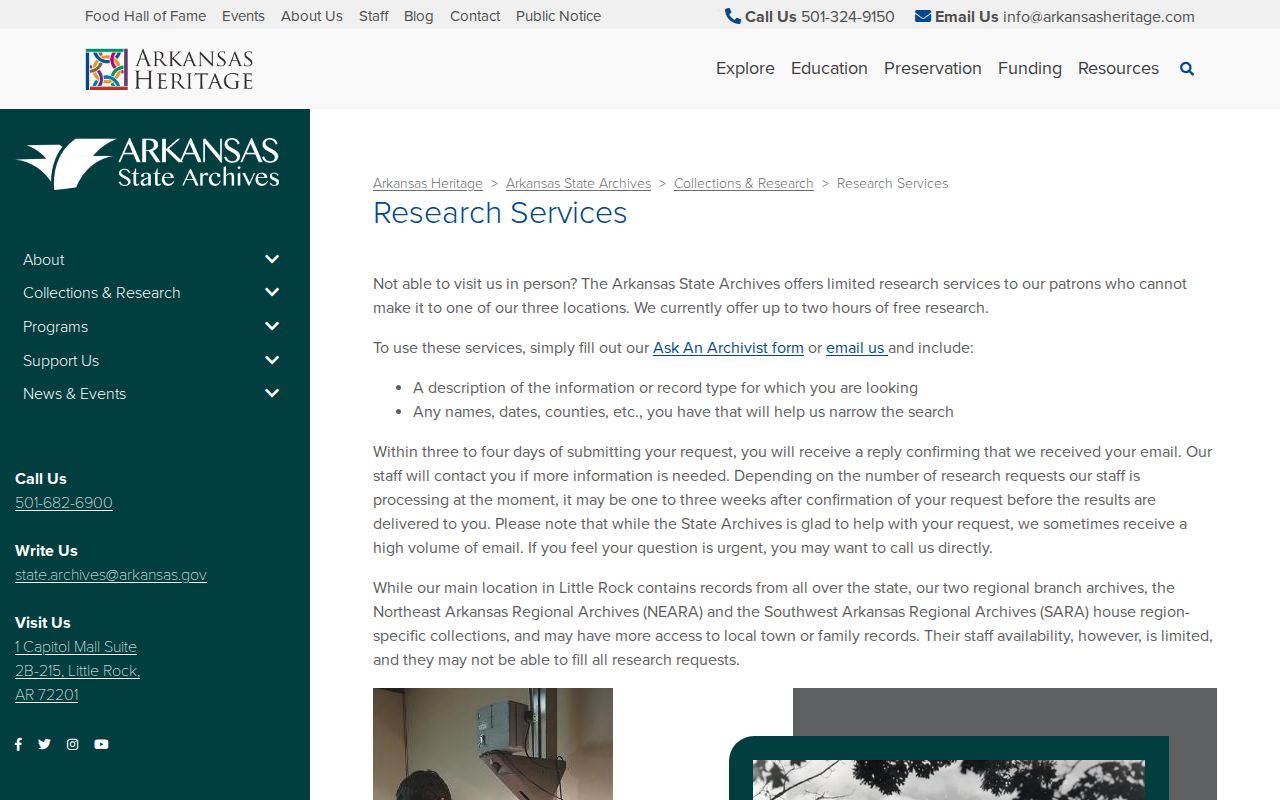 Arkansas State Archives research services page for historical record requests