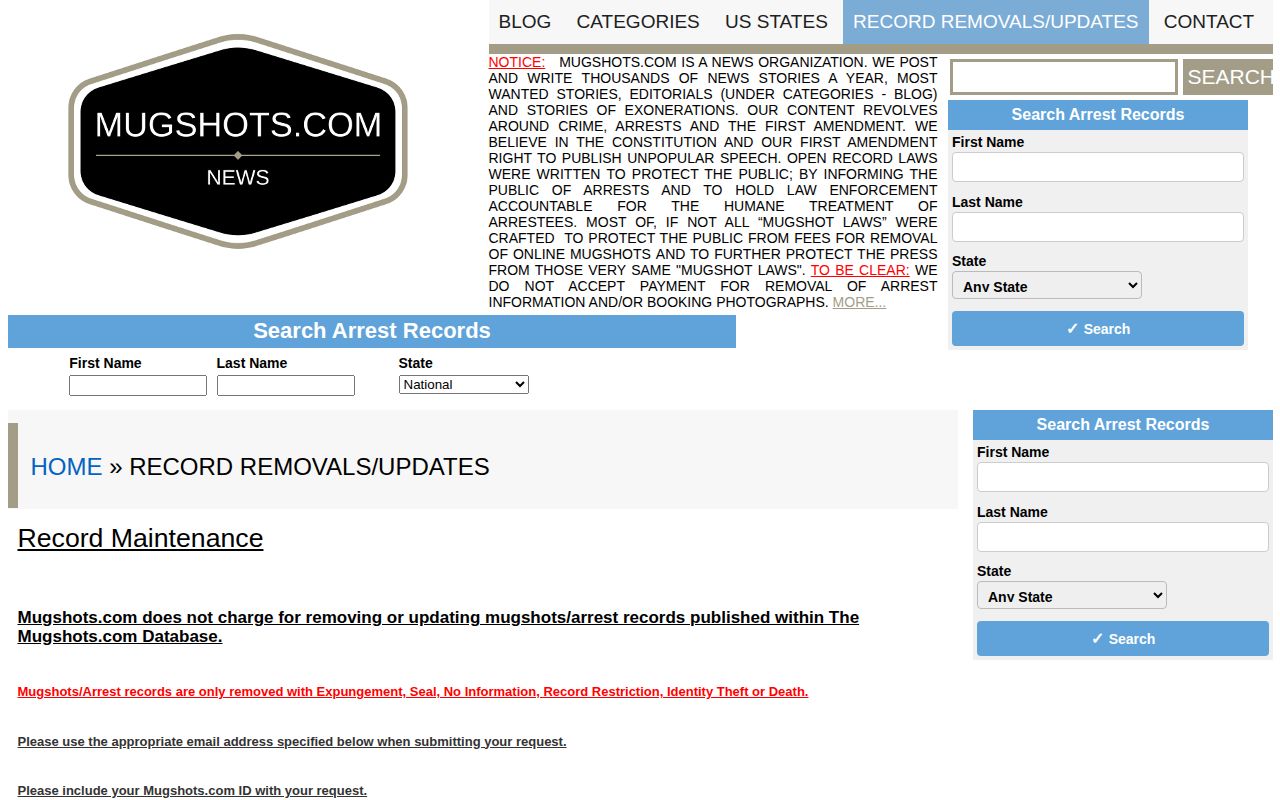 Arkansas example of the Mugshots.com record maintenance page with free update and removal terms