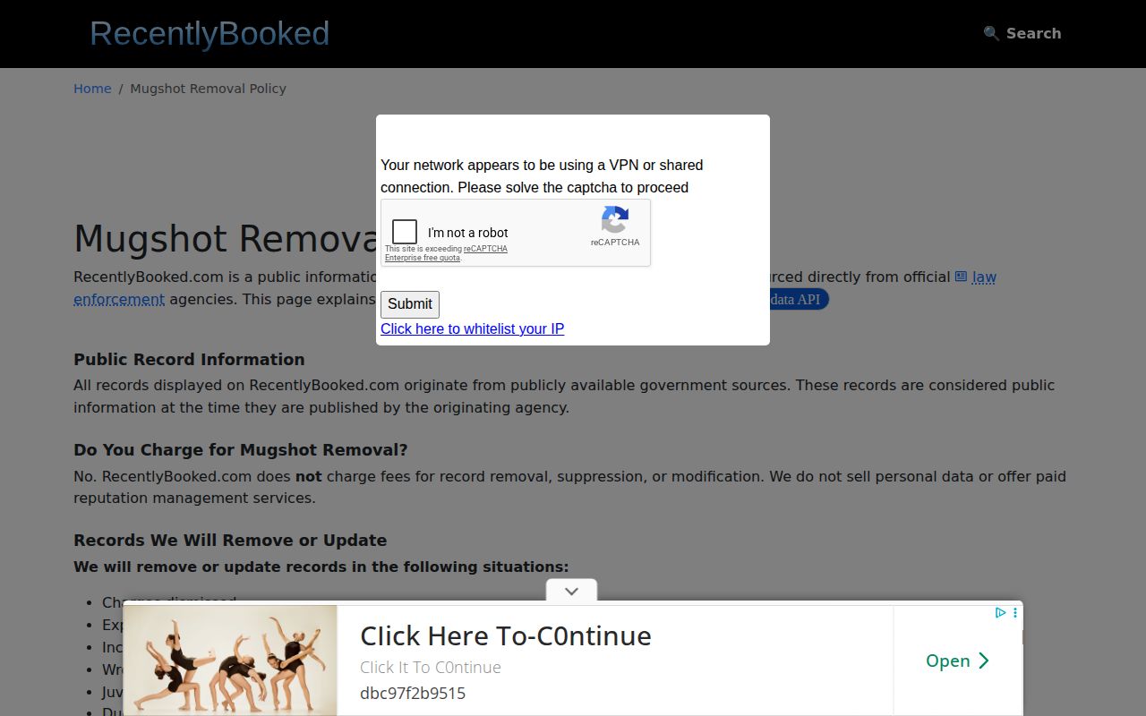 Arkansas example of the RecentlyBooked mugshot removal policy and its no-fee review process