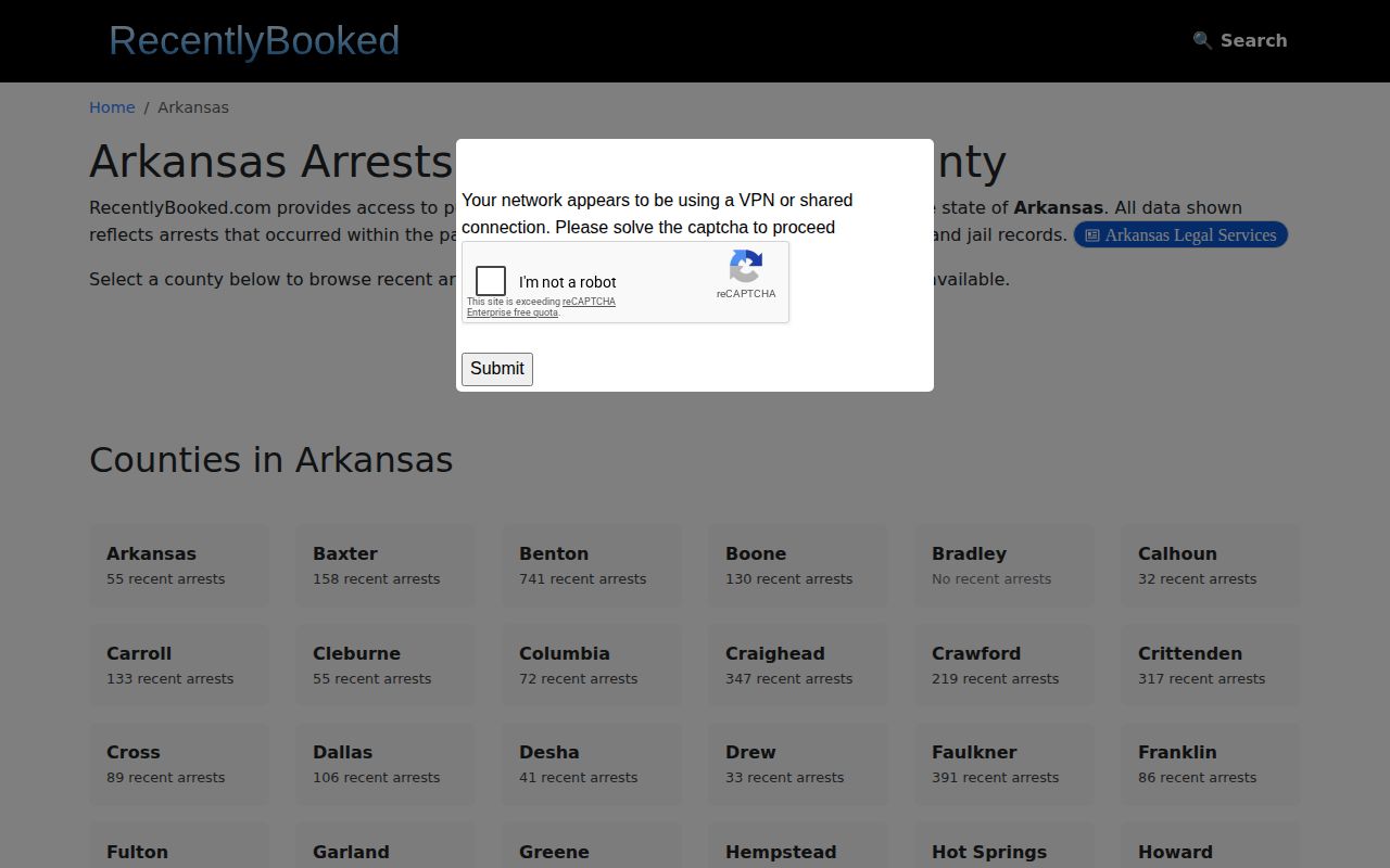 Unofficial RecentlyBooked Arkansas county arrest listing with a coverage caveat