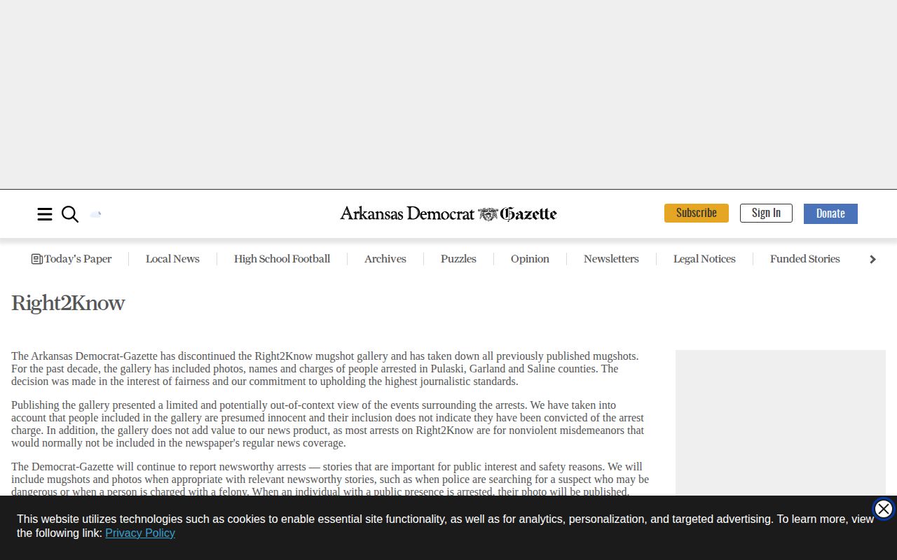 Arkansas news publisher notice about its former mugshot gallery