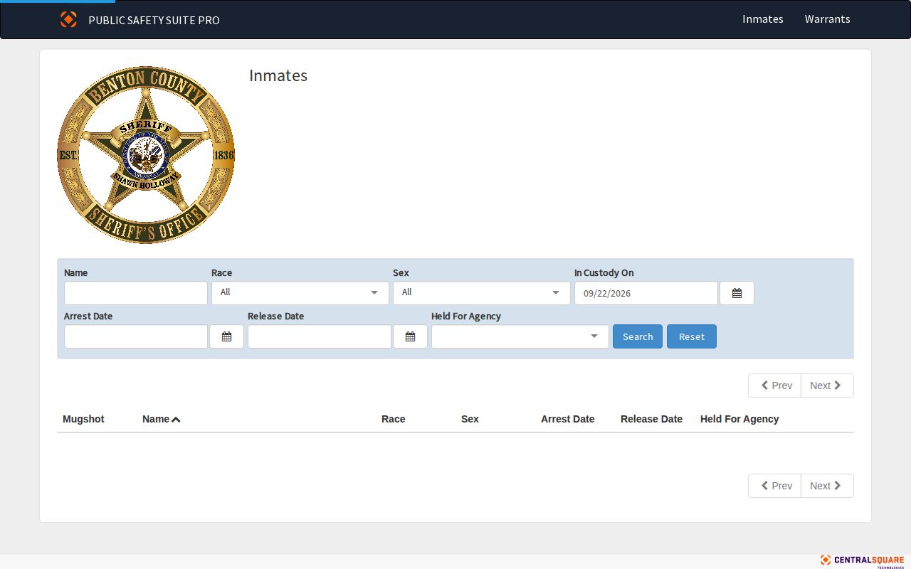 Benton County Arkansas sheriff-linked jail roster search fields